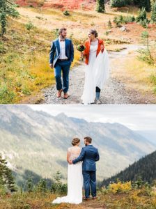 A couple hikes along the Pacific Crest Trail near Mt Rainier National Park during their adventure wedding with photographer Amy Galbraith