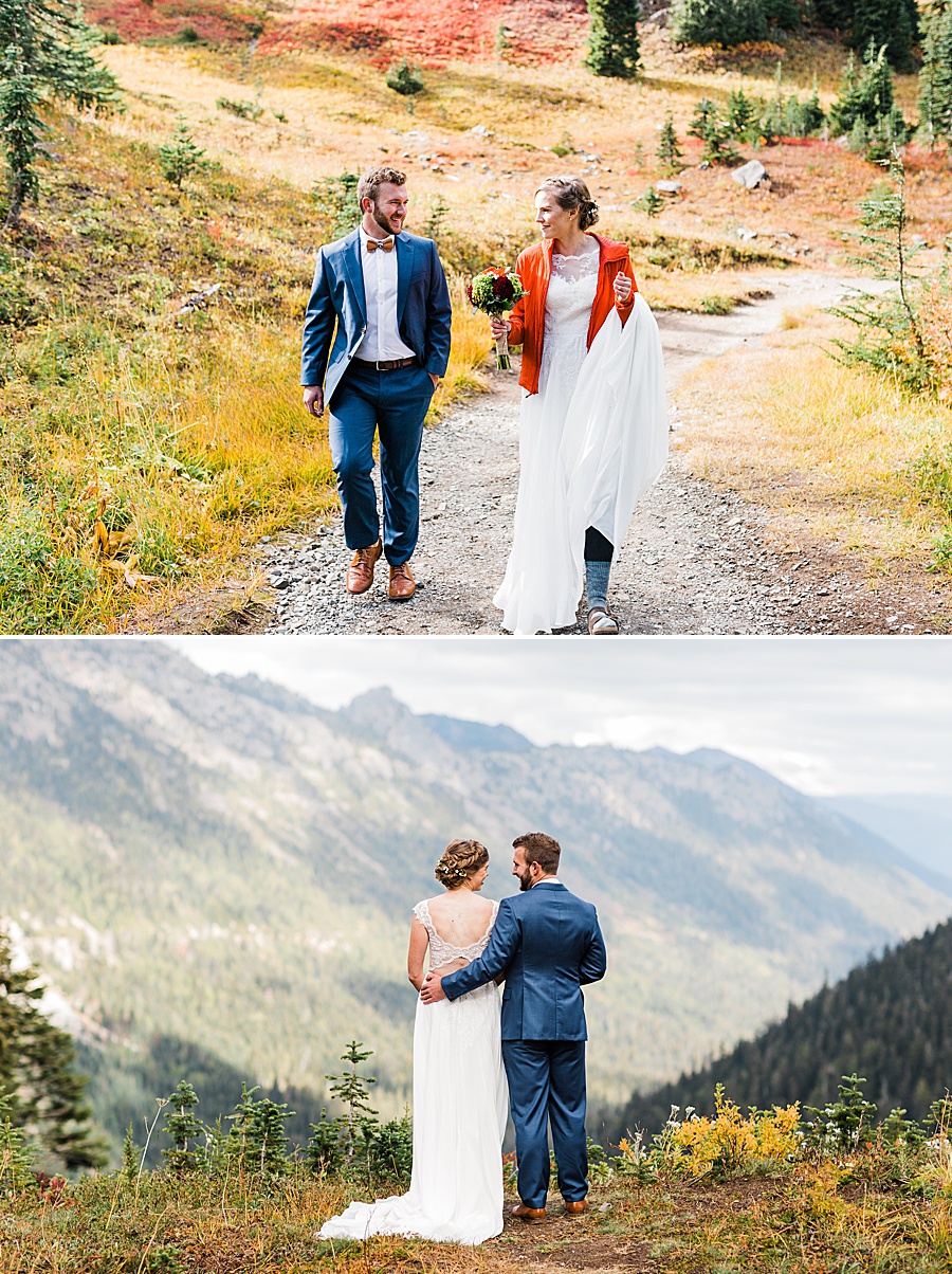 A couple hikes along the Pacific Crest Trail near Mt Rainier National Park during their adventure wedding with photographer Amy Galbraith