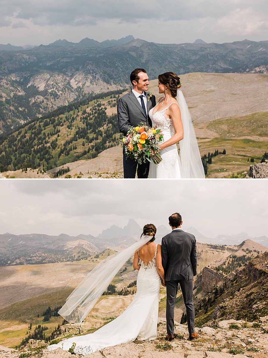 A bride and groom stand on top of a mountain on their wedding day in Jackson Hole, photographed by adventure wedding photographer Amy Galbraith