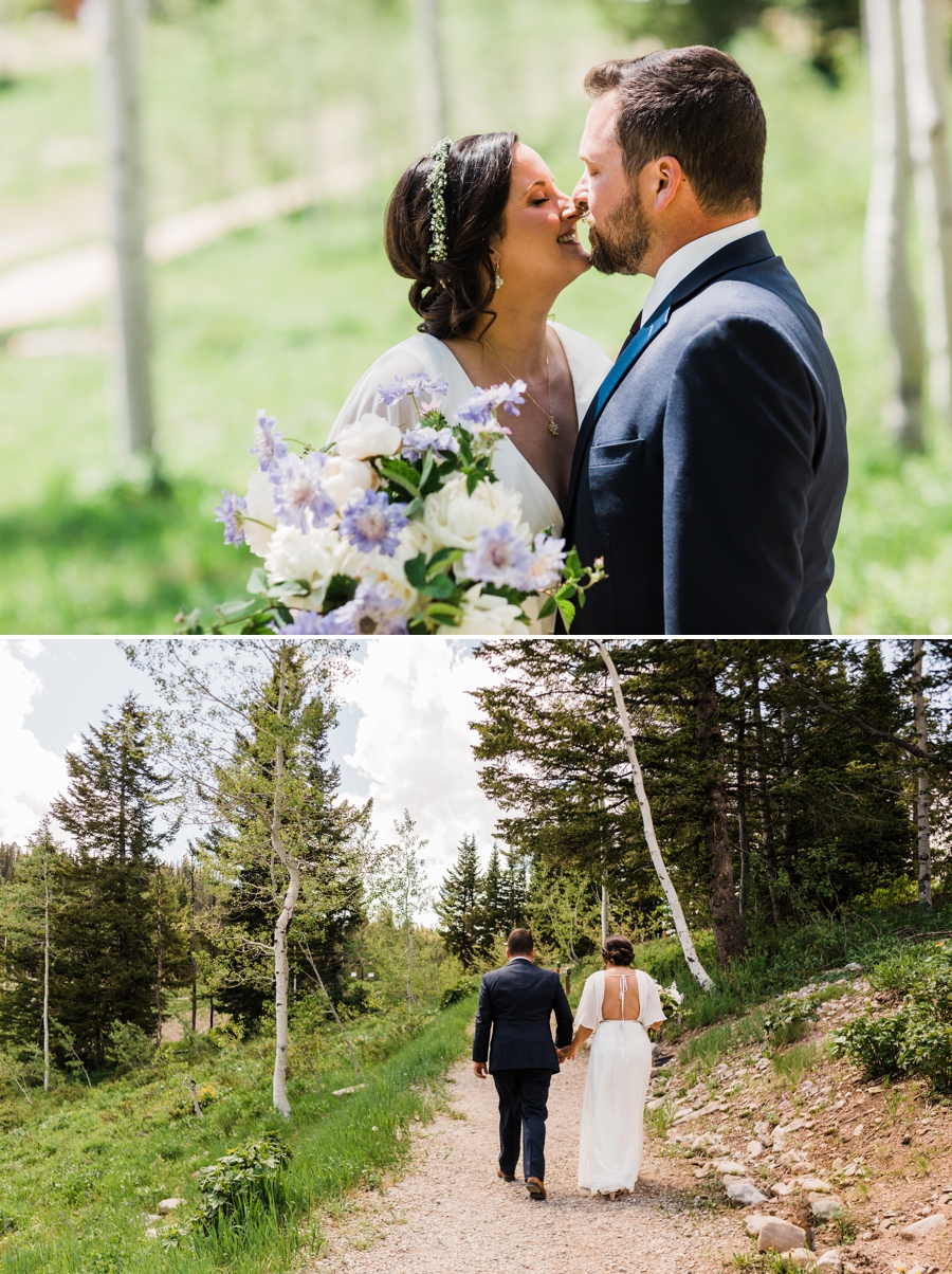 Bride and groom take photos around Grand Targhee Resort with Jackson Hole wedding photographer Amy Galbraith