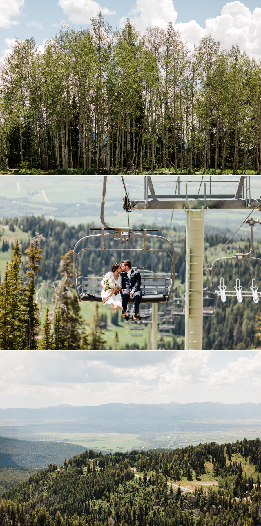 Bride and groom ride the chairlift at Grand Targhee Resort by Jackson Hole wedding photographer Amy Galbraith