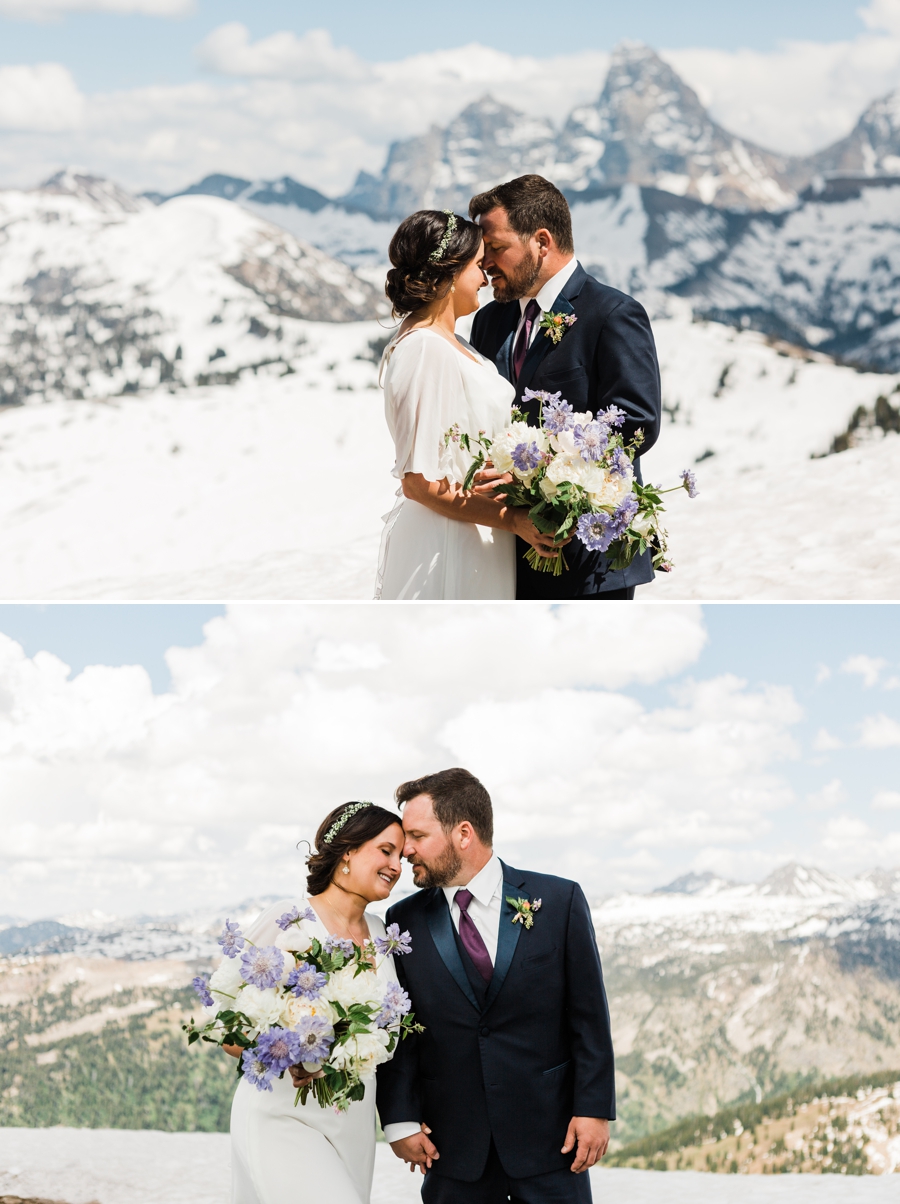 Snowy Jackson Hole wedding photos at the top of Grand Targhee Resort in summer