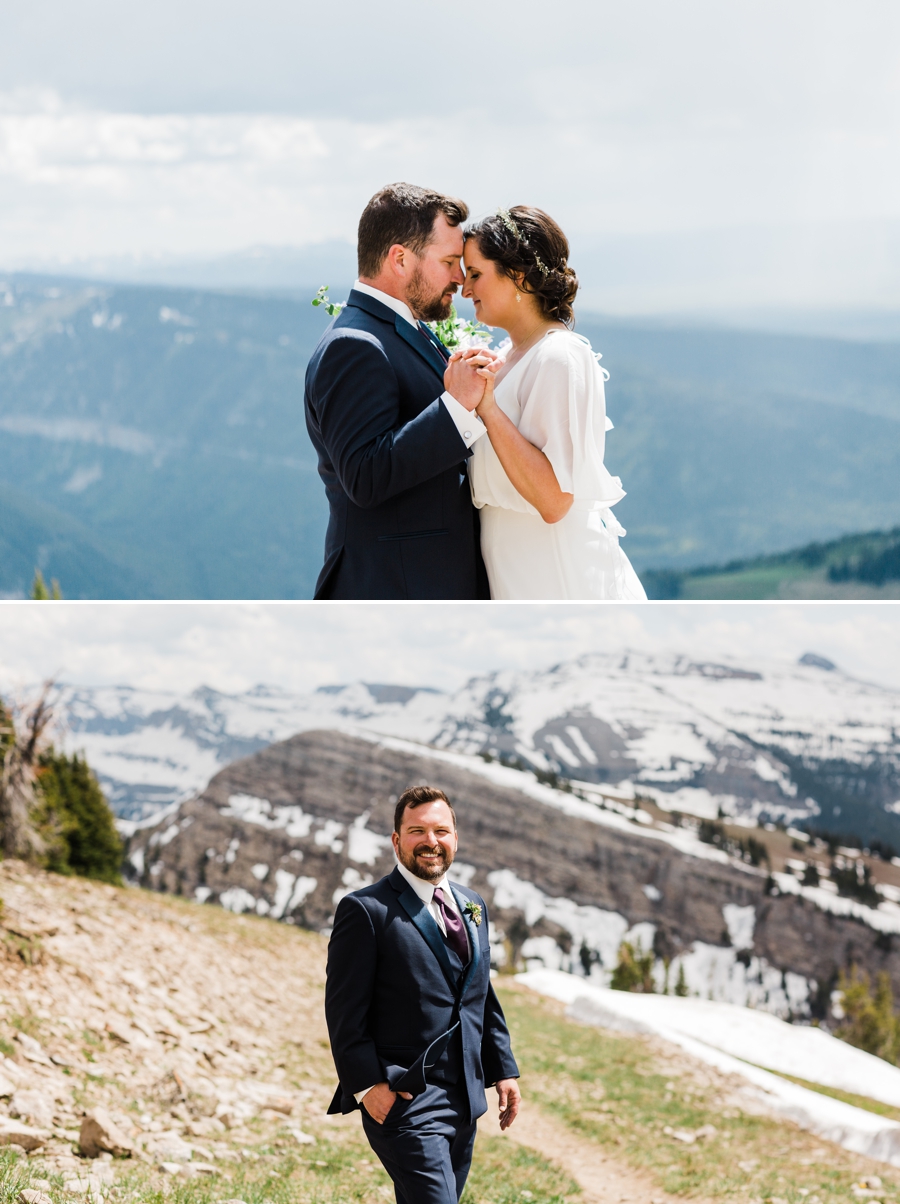 Bride and groom take photos at the top of Grand Targhee Resort on their wedding day