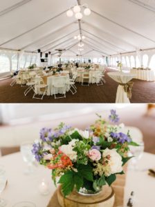 Colorful summer wedding centerpiece display by Flower by Chloe of Jackson Hole and small wedding setup at Grand Targhee Resort