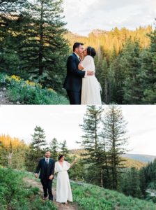 Bride and groom enjoy alpenglow on the mountains at Grand Targhee Resort by Jackson Hole wedding photographer Amy Galbraith