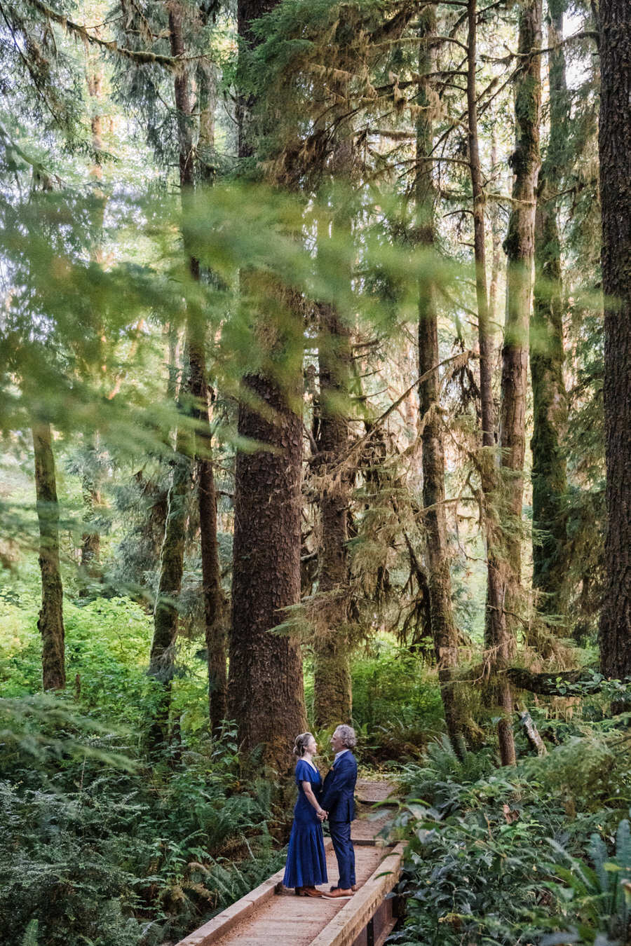 a bride wearing a navy blue dress and her groom kiss while standing on a bridge on a trail on the olympic peninsula surrounded by tall old growth trees