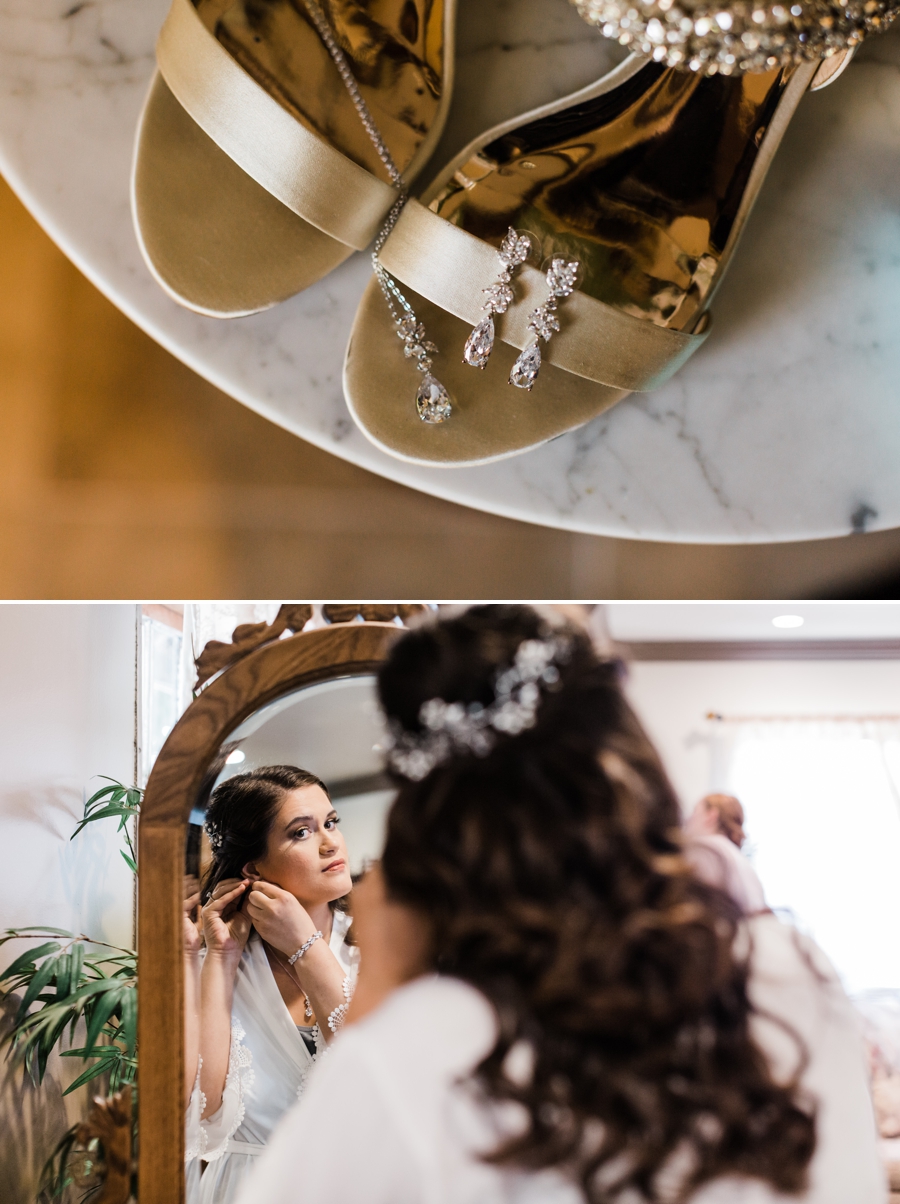 A bride gets ready for her summer wedding by putting on jeweled earrings