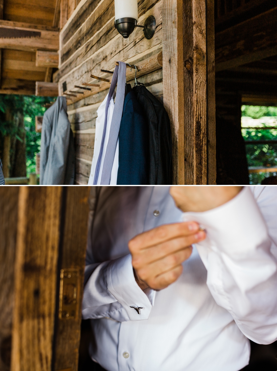 A groom gets ready for his wedding at Green Gates at Flowing Lake wearing Texas Longhorn cufflinks