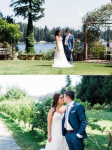 A bride and groom pose for photos on a hot summer day during their wedding at Green Gates at Flowing Lake by Seattle wedding photographer Amy Galbraith