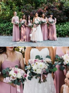 Bridesmaids wearing dusty rose dresses carrying cream and pink wedding bouquets by Seattle wedding photographer Amy Galbraith