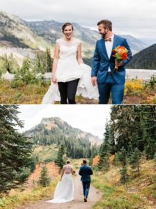 A bride shows off leggings underneath her wedding dress at their backcountry wedding in Washington by mountain wedding photographer Amy Galbraith.