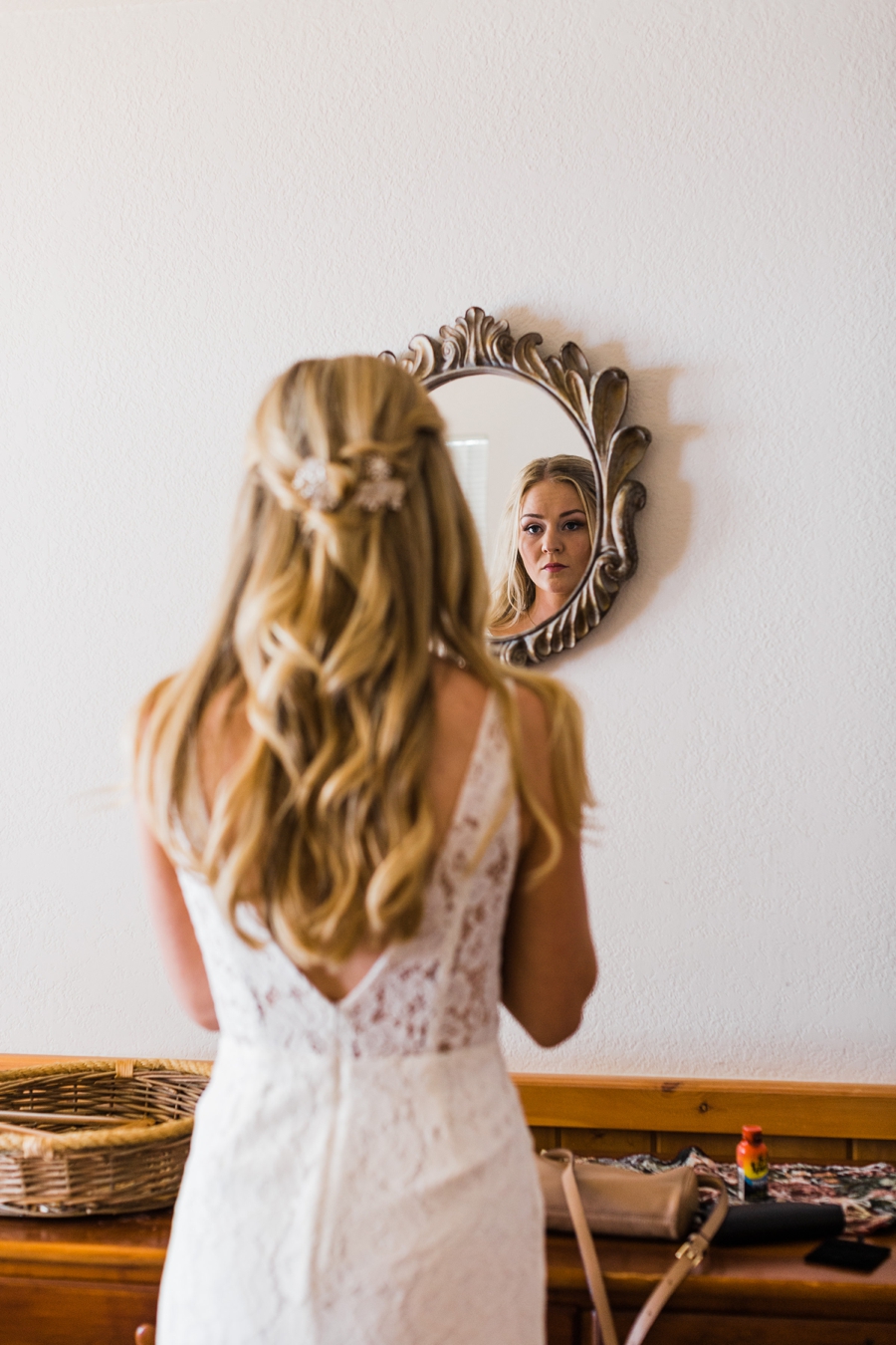 Bride getting ready at a cabin on Lake Wenatchee