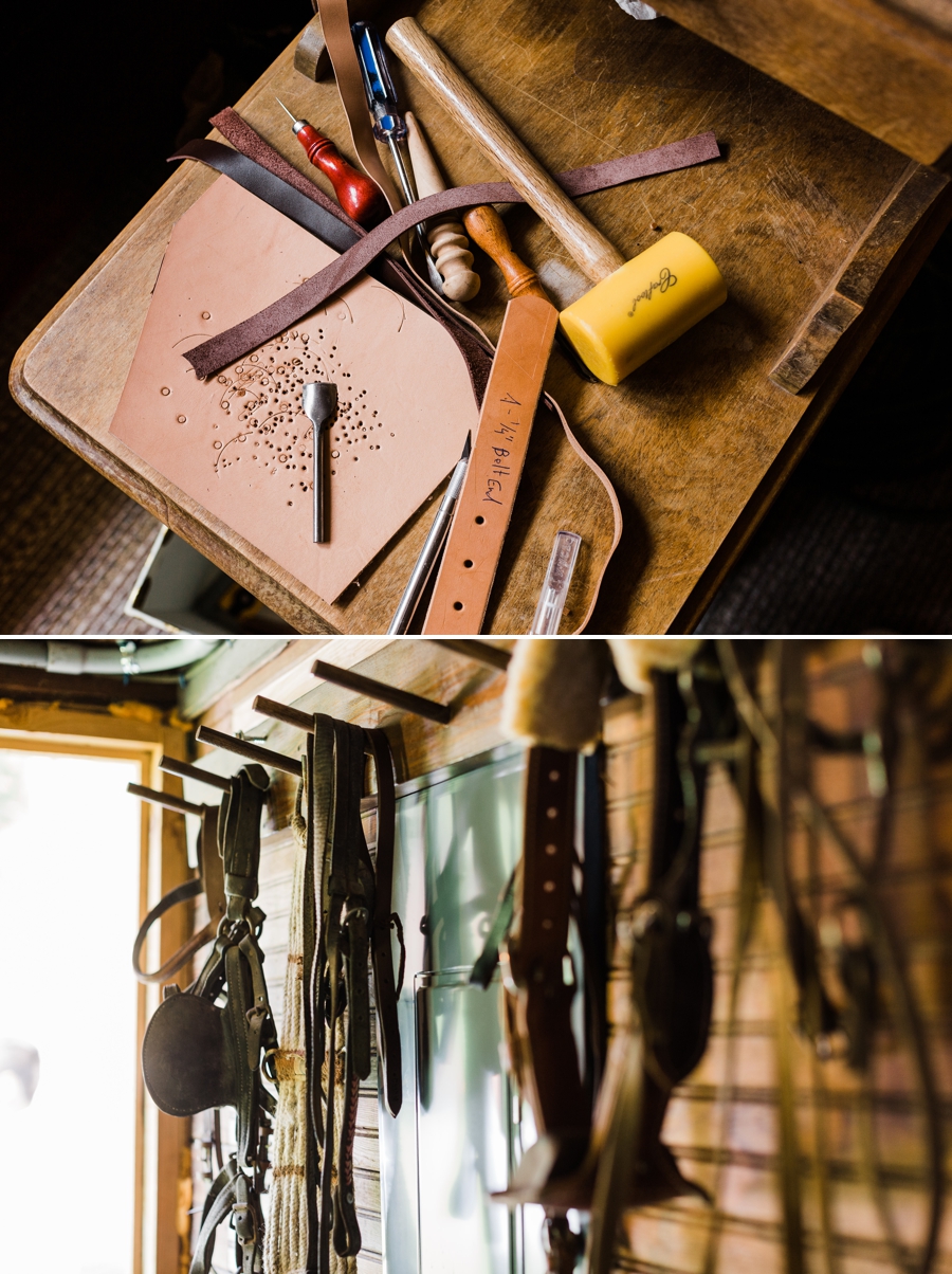 Leather craftsman tools that a groom used to make belts and a bowtie for his wedding