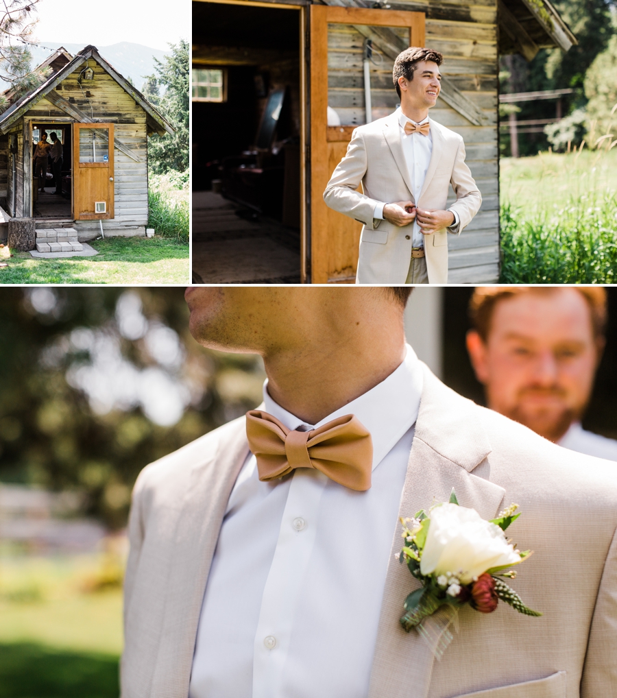 Handmade leather bowtie made by the groom for his mountain wedding in Leavenworth, Washington