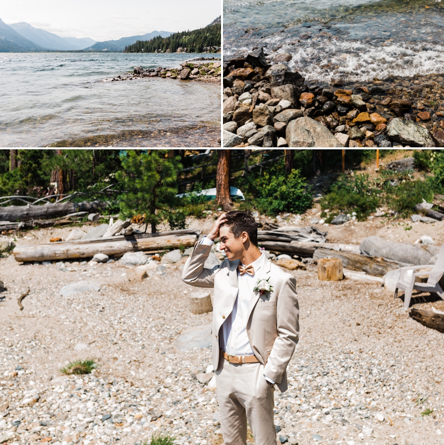 Groom waits on the shores of Lake Wenatchee before the first look with his bride