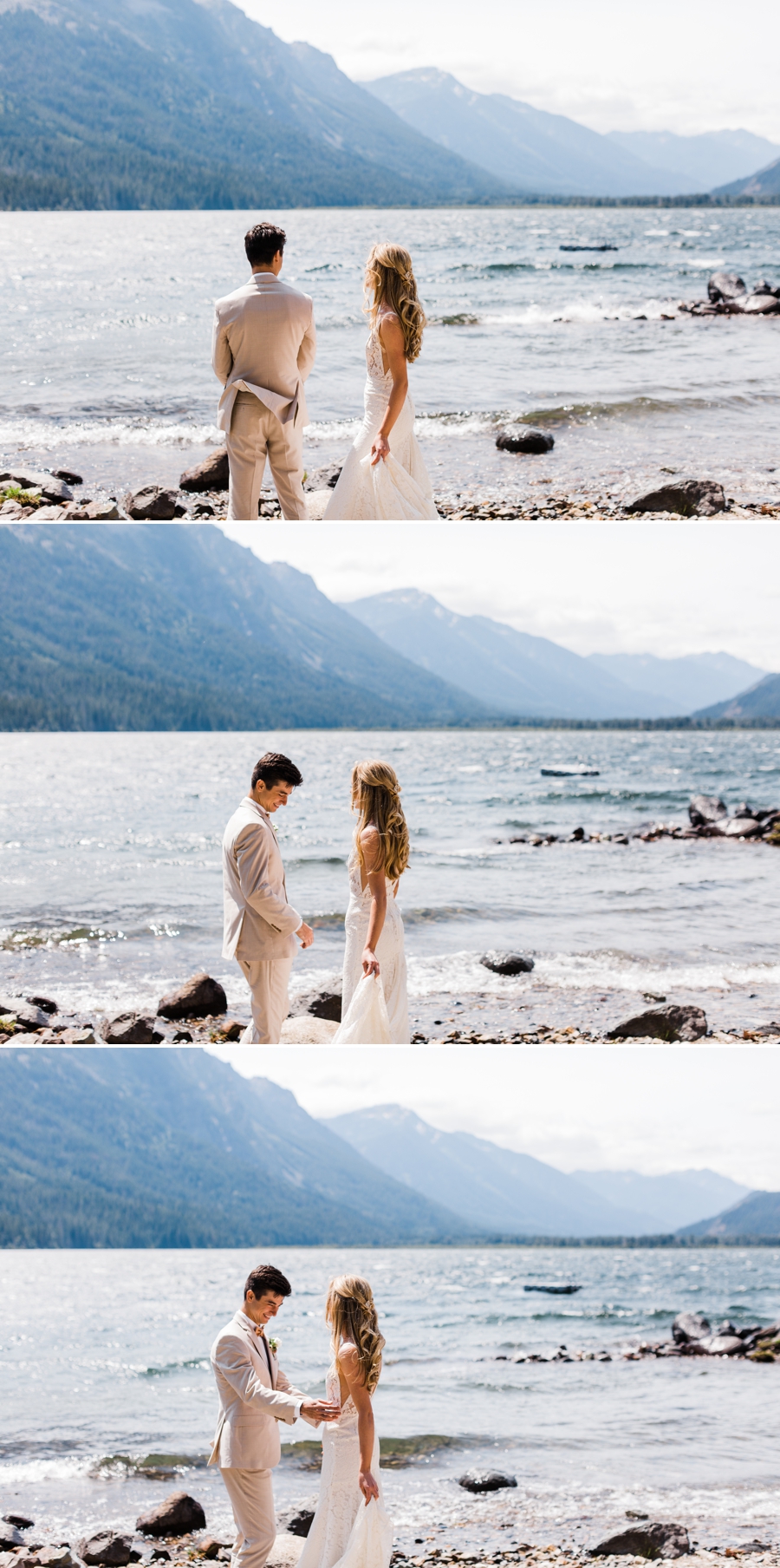 First Look with a bride and groom along the shores of Lake Wenatchee near Leavenworth