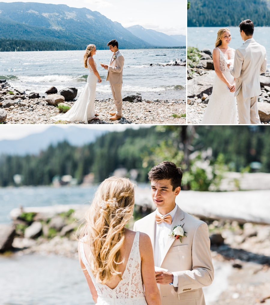 A bride and groom share their wedding day vows on a mountain lake outside of Leavenworth, Washington