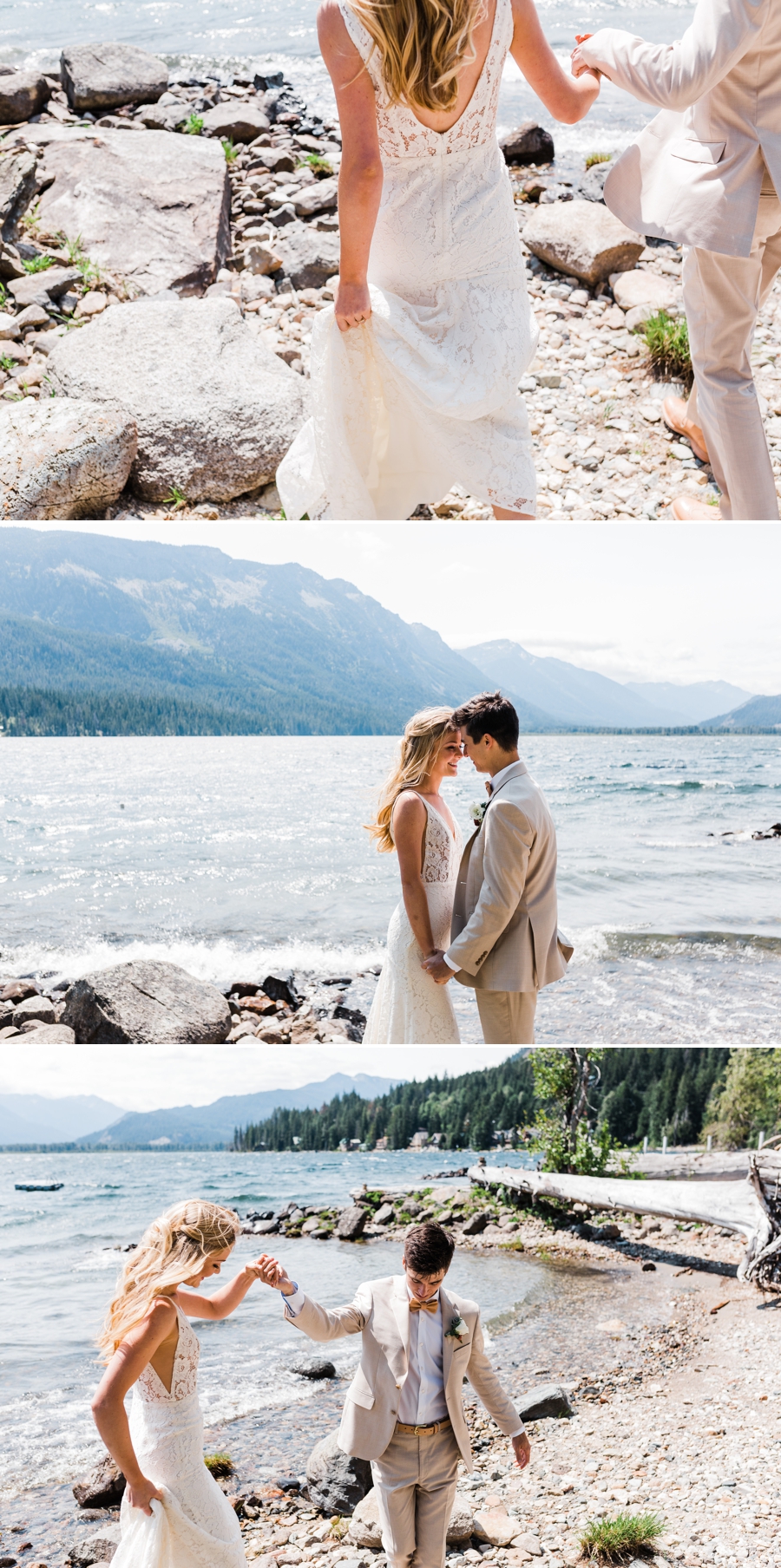 A bride and groom stroll along the shores of Lake Wenatchee before their wedding at Brown Family Homestead
