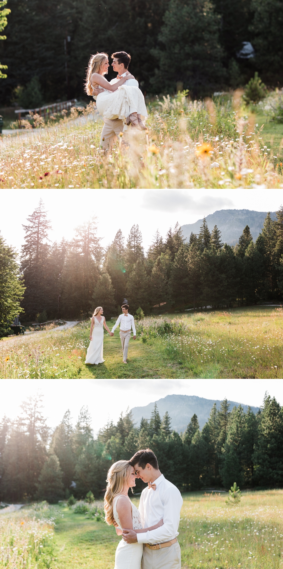 A bride and groom take a walk among wildflowers on their wedding day at Brown Family Homestead