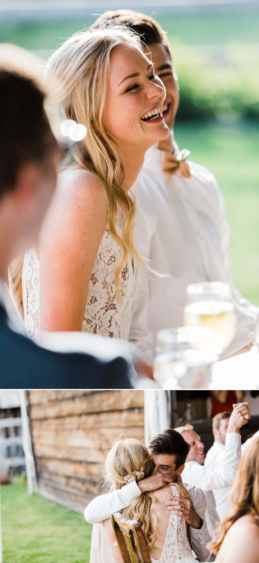 A bride laughs as she listens to toasts on her wedding day