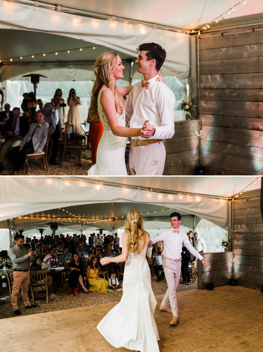 A bride and groom share a choreographed first dance at their mountain wedding in Leavenworth
