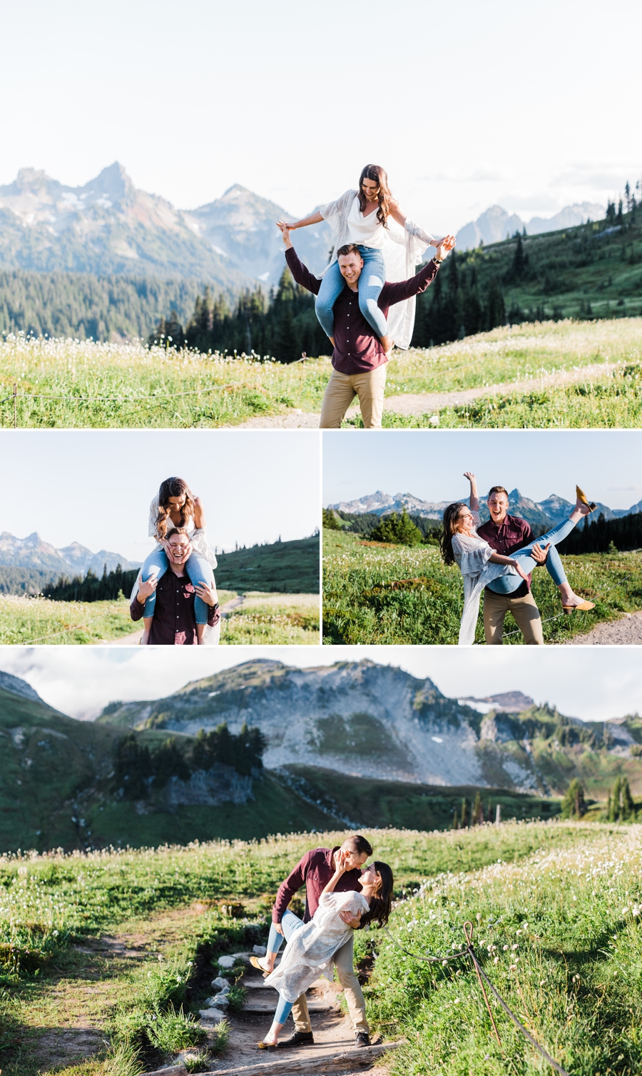 A couple plays together along a trail at Mt Rainier in the summer time during their engagement session at Mt Rainier