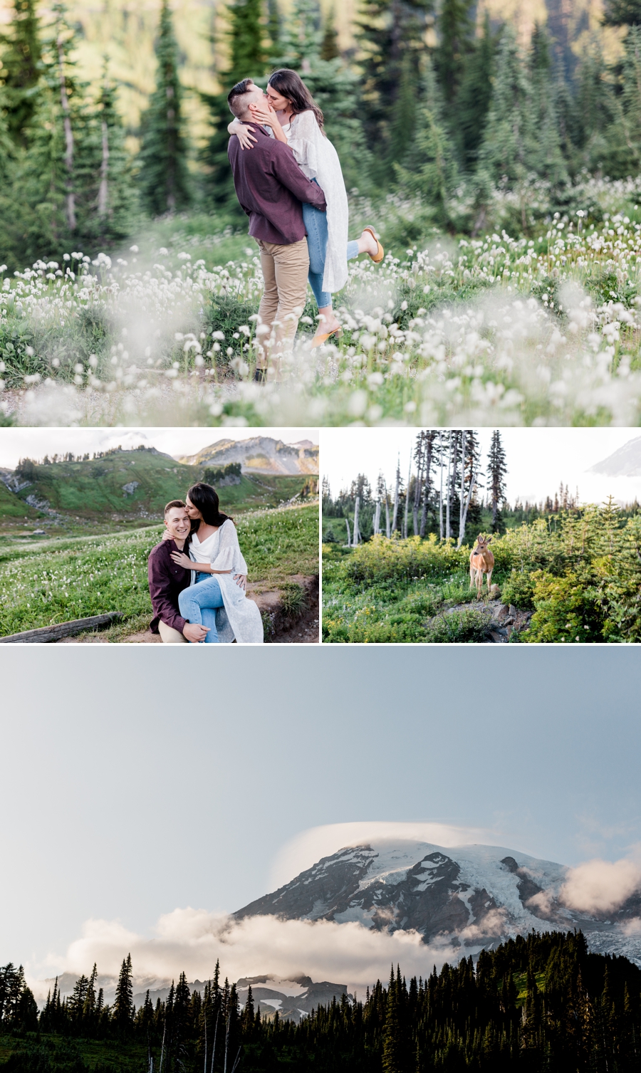 Engagement photos with mountain wildflowers at Mt Rainier National Park with Seattle elopement photographer Amy Galbraith