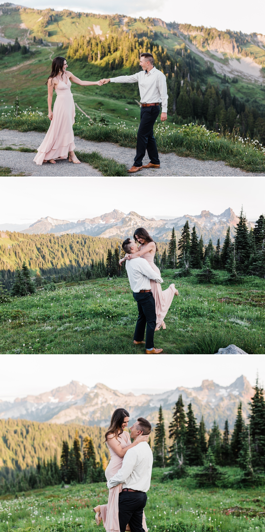 A couple plays among the wildflowers during their engagement session at Mt Rainier National Park