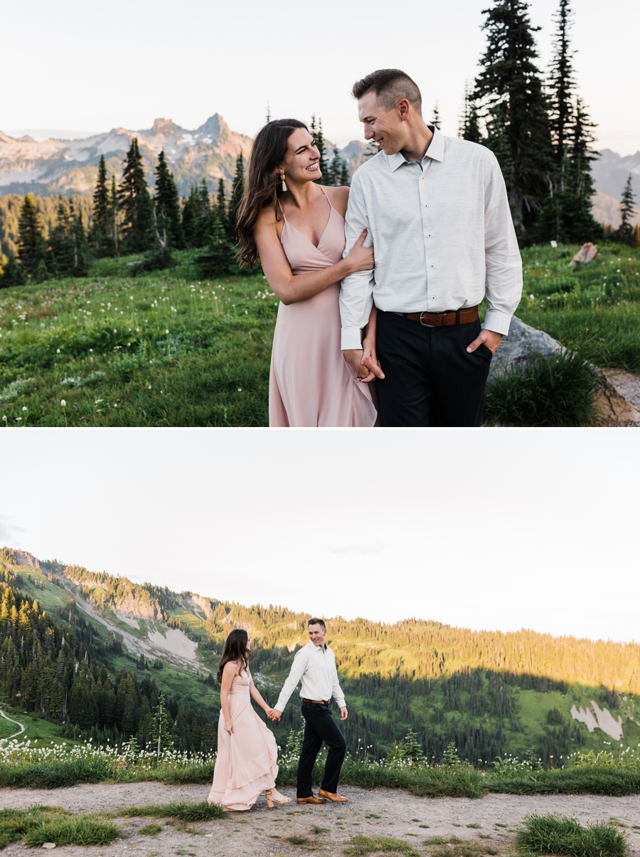 A couple enjoys sunset on the Tatoosh Mountains in Mt Rainier National Park with adventure wedding photographer Amy Galbraith