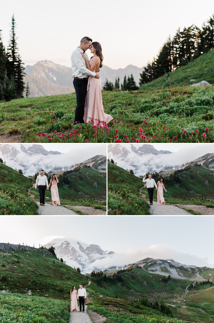 A couple walks among the wildflowers in Mt Rainier National Park during their engagement session with Seattle mountain wedding photographer Amy Galbraith