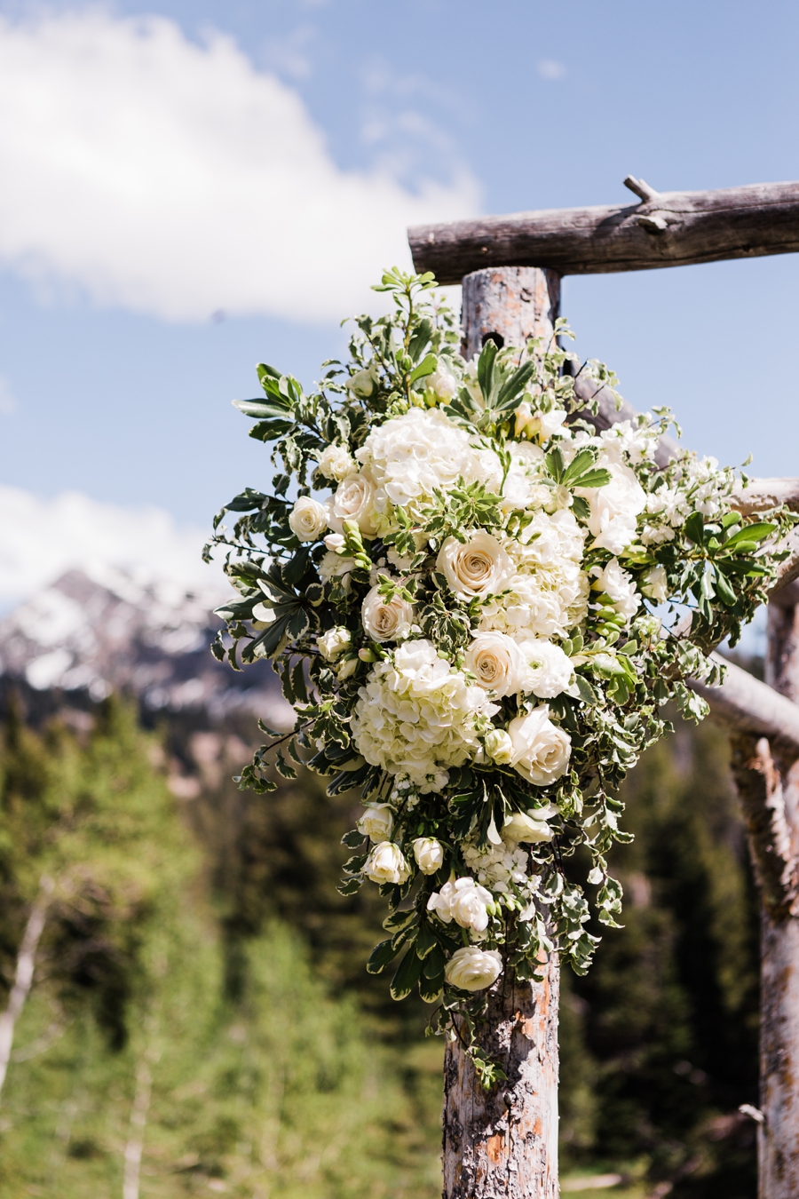 A wedding arbor decorated with white ranunculus and roses by Cottage Creations for a wedding at Grand Targhee