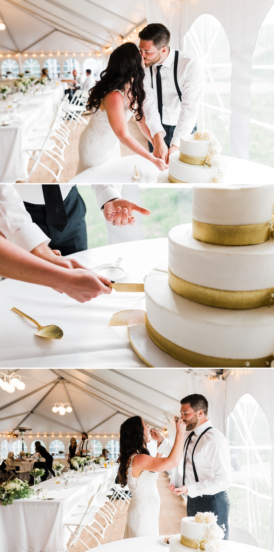 A bride and groom cut their white and gold wedding cake on their wedding day at Grand Targhee