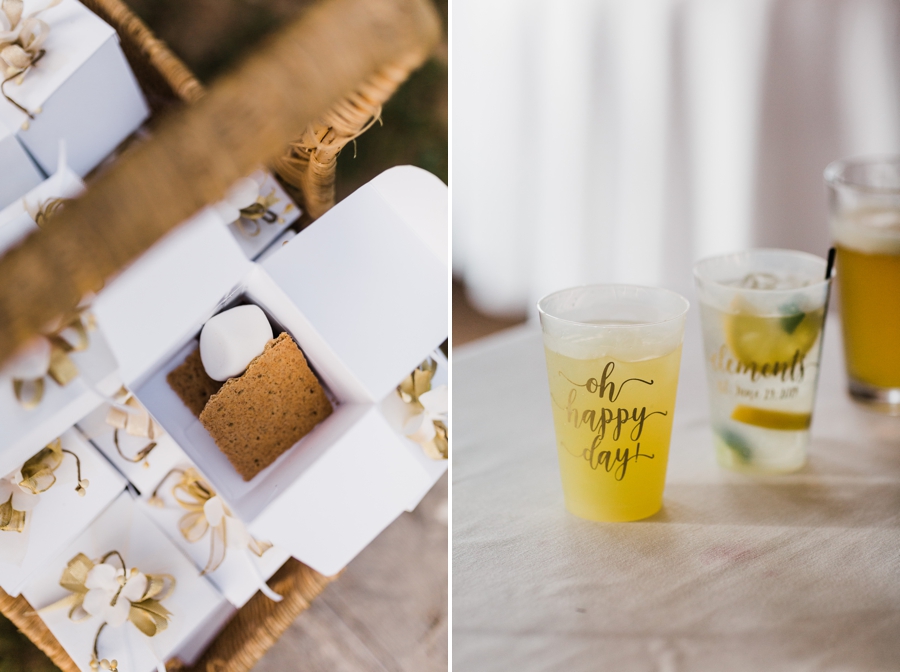 S'mores at a wedding and gold foil cups
