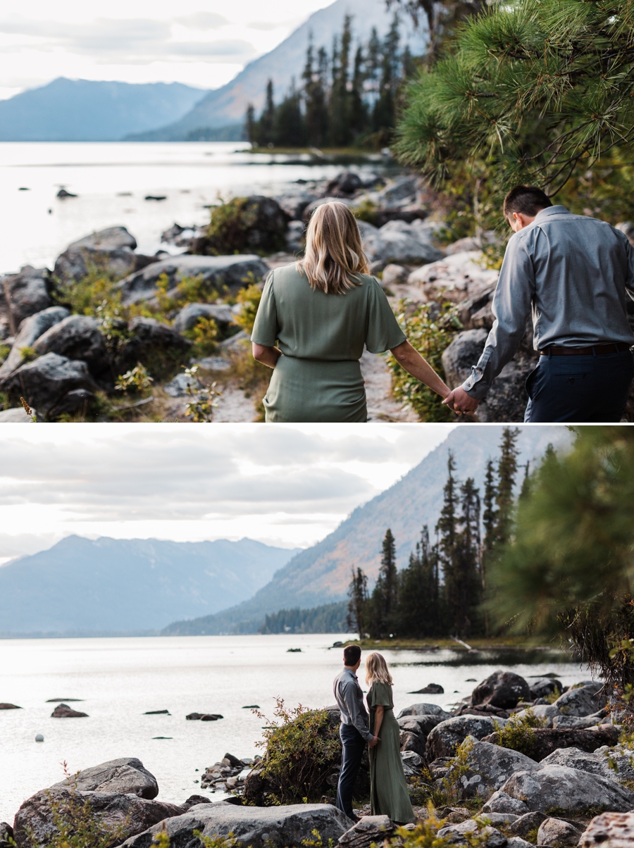 A couple strolls out onto some rocks along Lake Wenatchee at their autumn Leavenworth engagement session with adventure wedding photographer Amy Galbraith