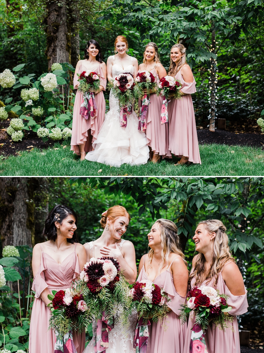 Pink bridesmaids dresses with blush and burgundy wedding bouquets