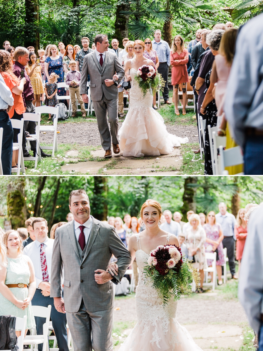 A bride is walked down the aisle by her father at Maroni Meadows