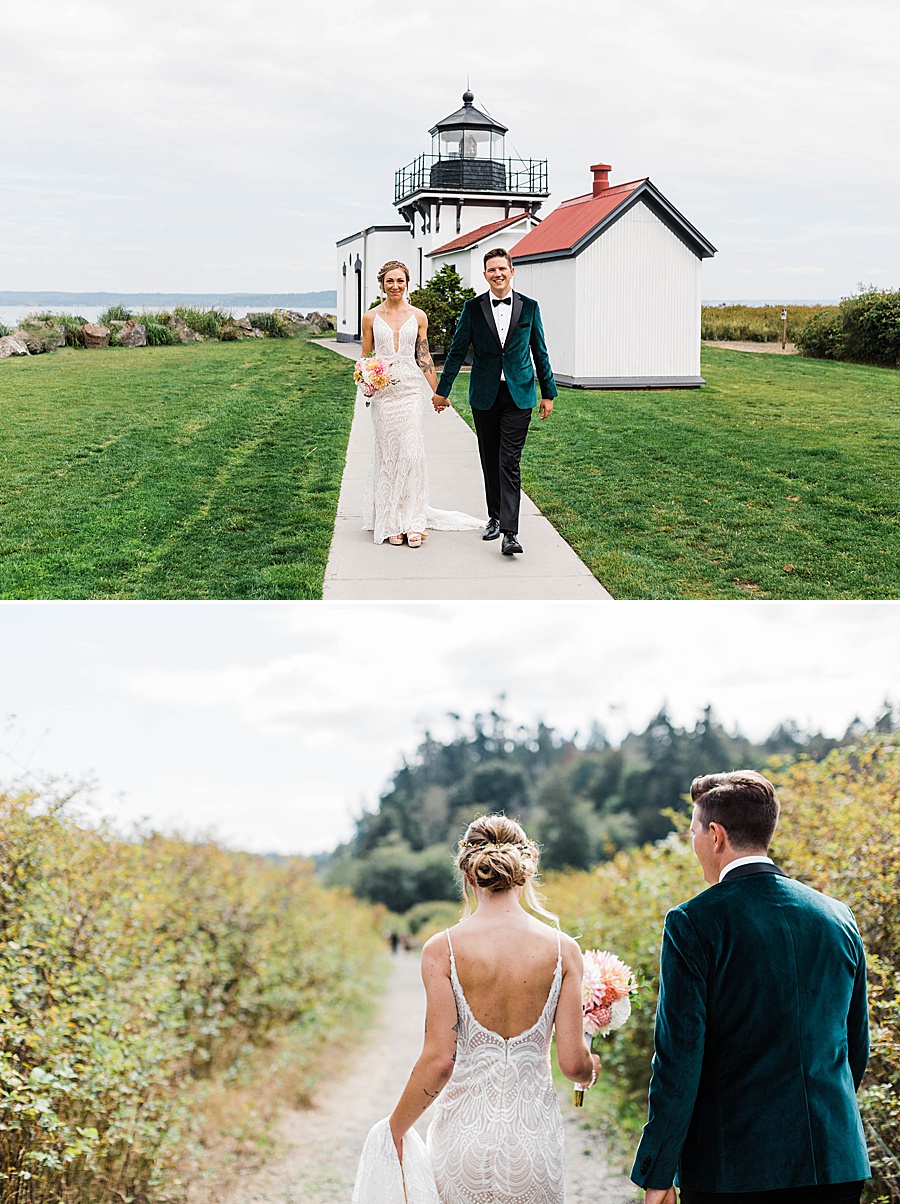 A bride and groom take a walk at Point No Point in Hansville, Washington, photographed by Seattle outdoor wedding photographer Amy Galbraith