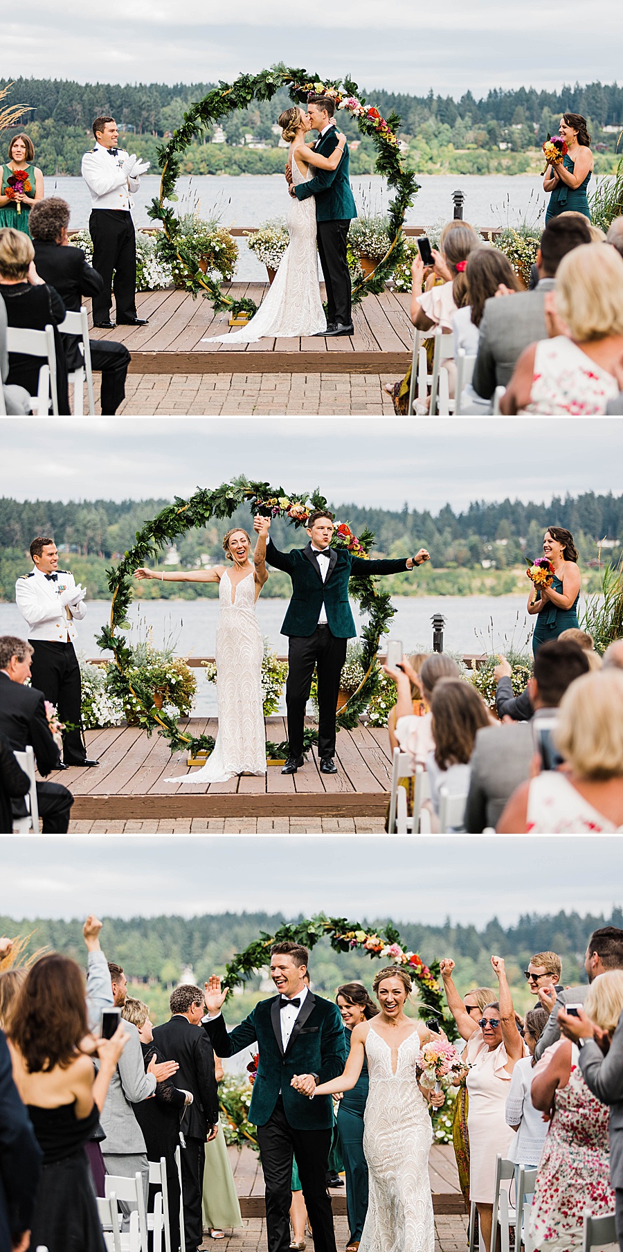 A bride and groom enjoy their first kiss and recessional at their Kiana Lodge wedding, photographed by Seattle outdoor wedding photographer Amy Galbraith
