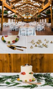 Green and gold wedding decor at Seattle-area wedding venue Kiana Lodge