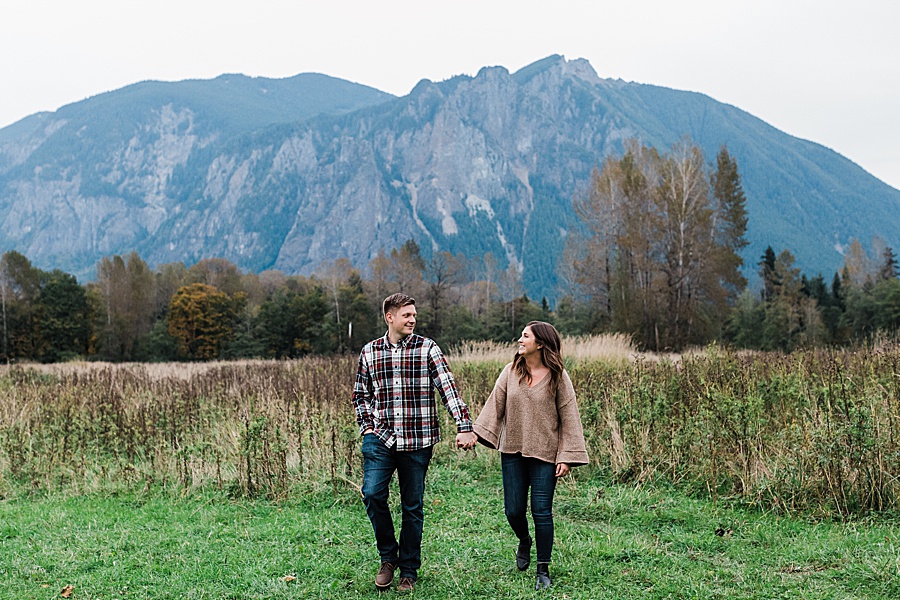 Autumn North Bend Engagement Photos with Seattle wedding photographer Amy Galbraith backdropped by Mt Si