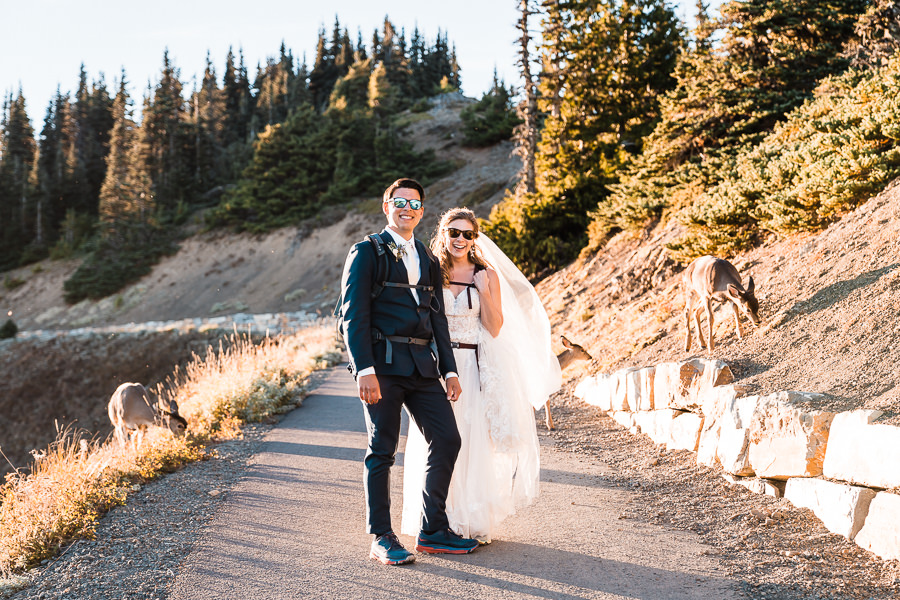 A couple goes for a hike on Hurricane Ridge after eloping in Olympic National Park