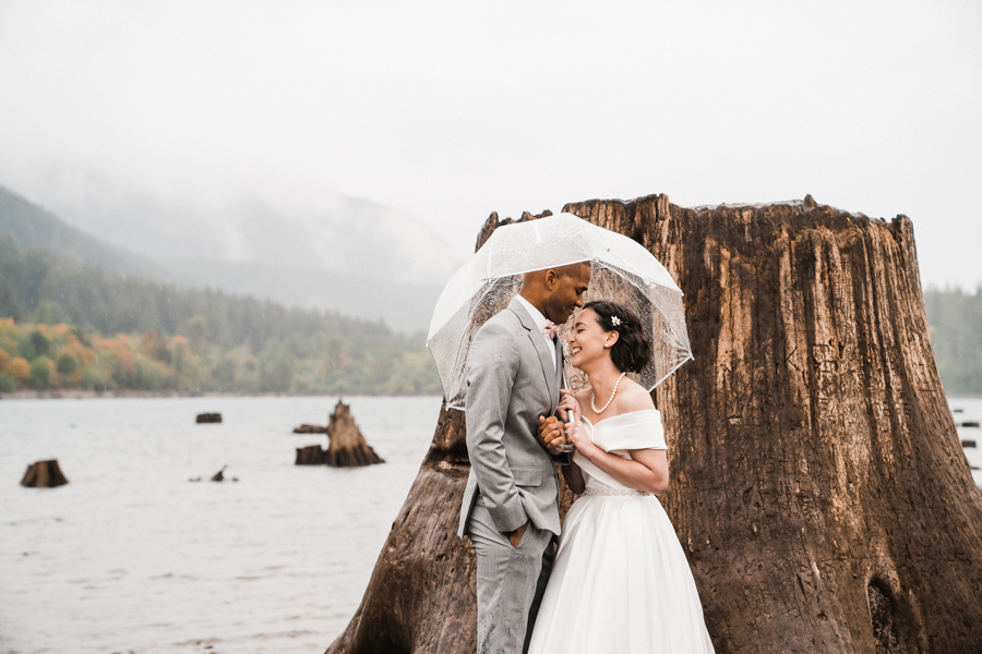 A couple under a clear umbrella when it rained on their elopement day in Washington