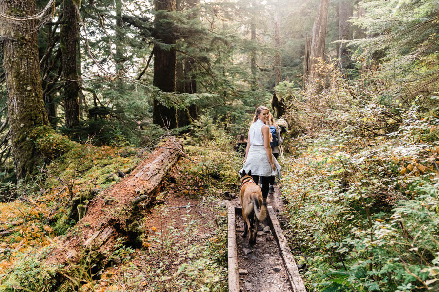 A bride hikes down a forested trail in washington state before her hiking elopement