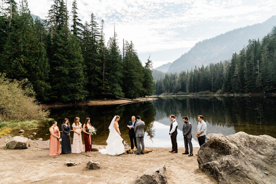 A small elopement ceremony next to an alpine lake in the Cascade Mountains