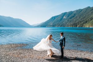 Bride and groom portraits at Lake Cushman