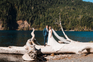 Bride and groom portraits at Lake Cushman