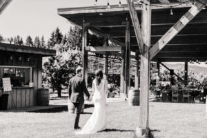 Bride and groom exit to the wedding reception at Mt Hood