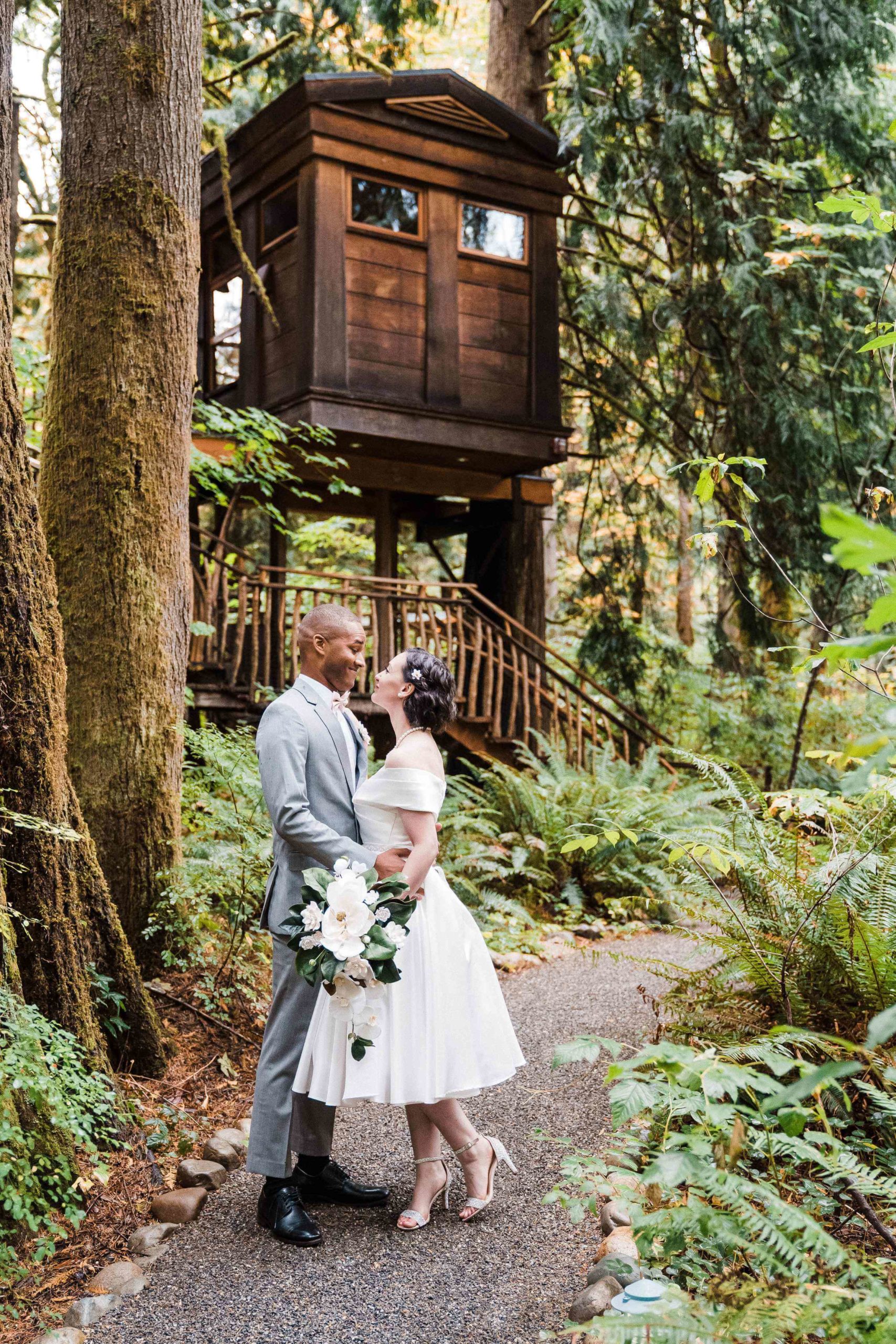 Bride and groom couple portraits at Treehouse Point