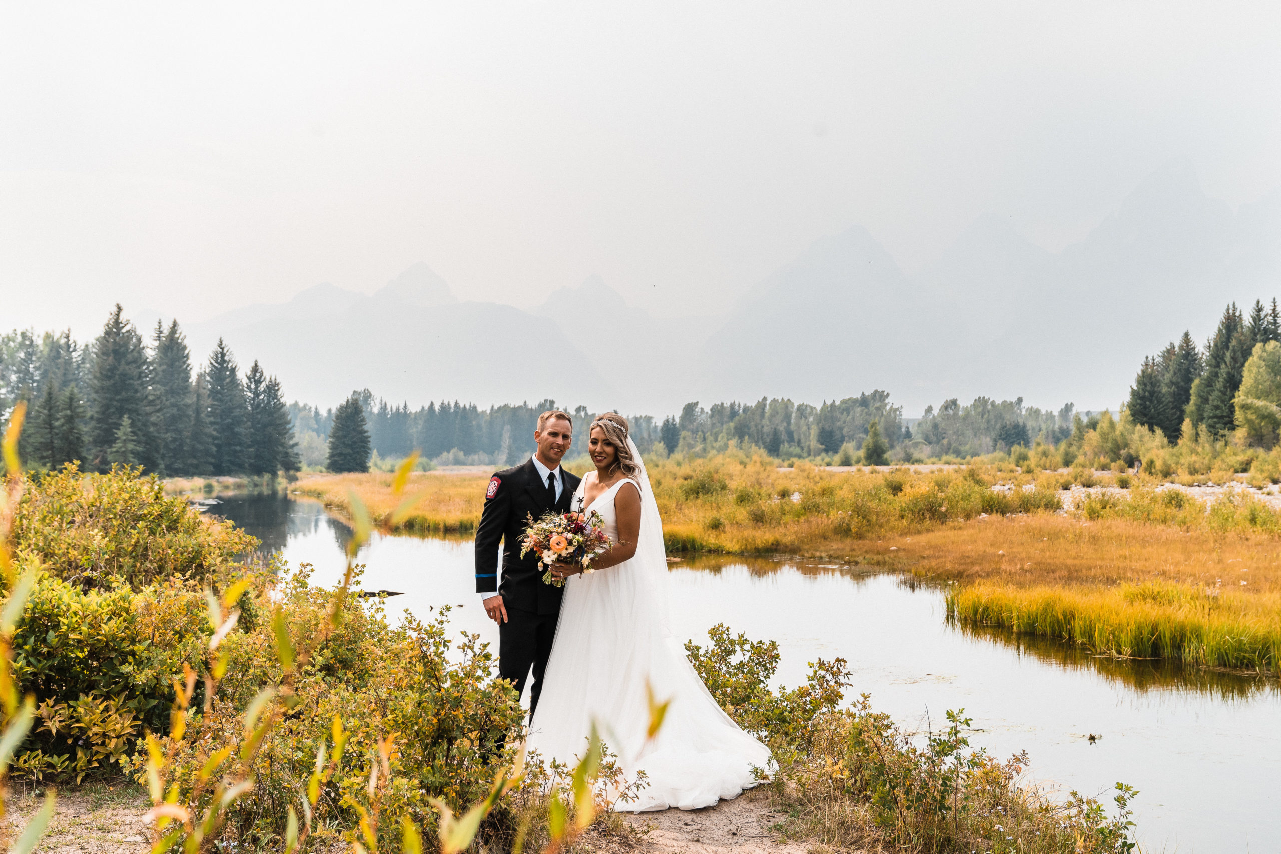 Bride and groom couple photos for small summer wedding in Grand Teton National Park