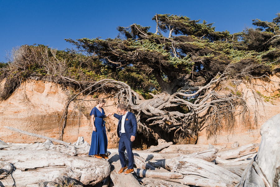 Bride and groom walk on the rocks near the Tree of Life in Olympic National Park